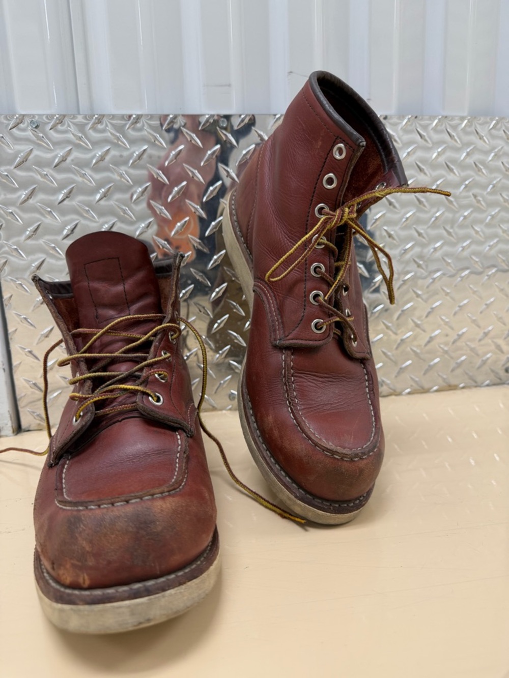 Classic Redwing Moc Toe boots in Oro (chestnut) colour